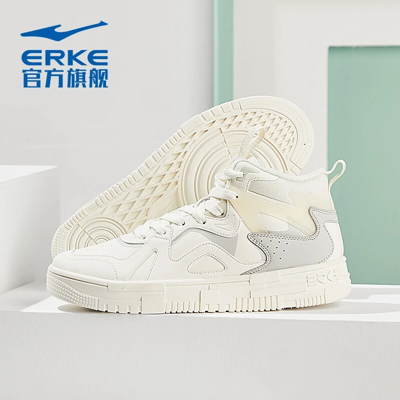 鸿星尔克高帮女厚底增高鞋子白色潮酷女鞋运动板鞋 52121301070