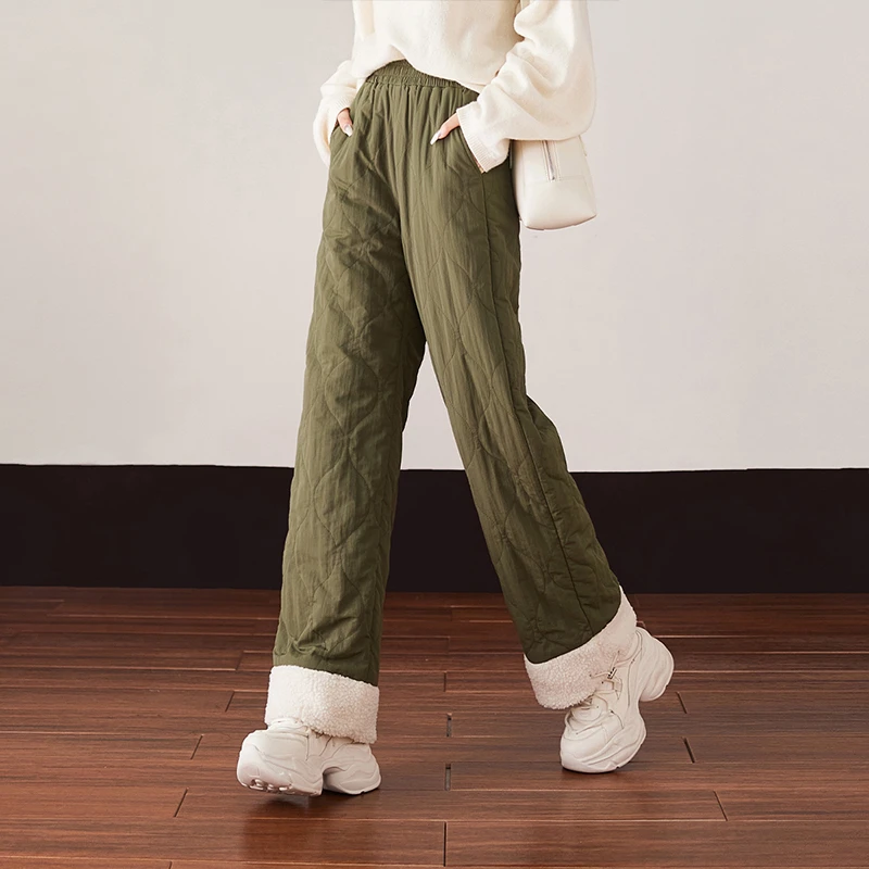 索菲丝尔加厚颗粒绒拼接直筒绗棉裤冬季保暖显瘦休闲女裤441173