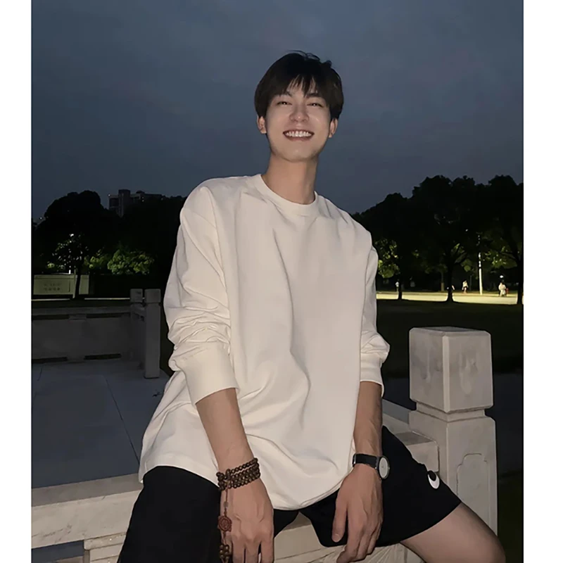 重磅纯棉320g白色长袖t恤男春秋潮牌美式简约百搭宽松内搭打底衫