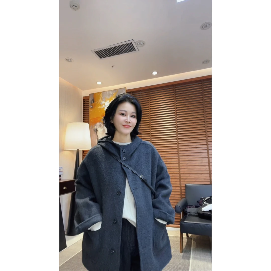 MISS MIN 8616 反季秋冬新款斗篷连帽双面大衣女短宽松高级感外套