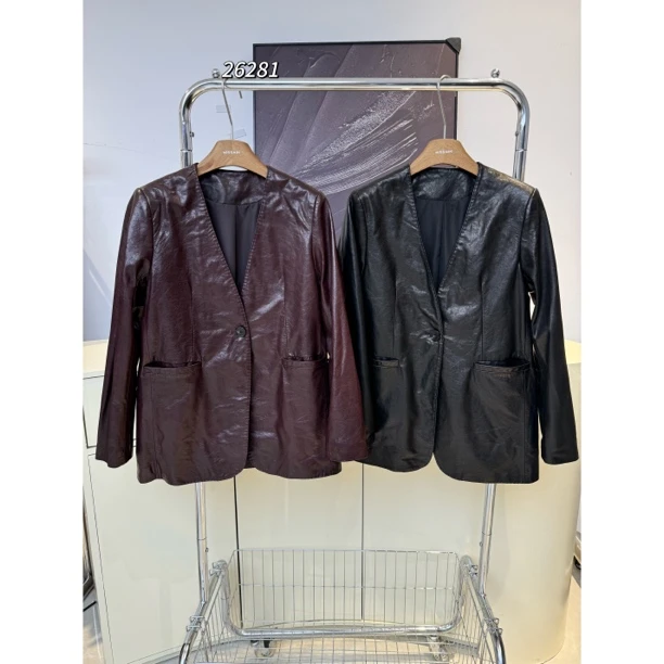 MISS MIN 26281 反季新款时尚V领山羊皮简约V领真皮女中长款外套