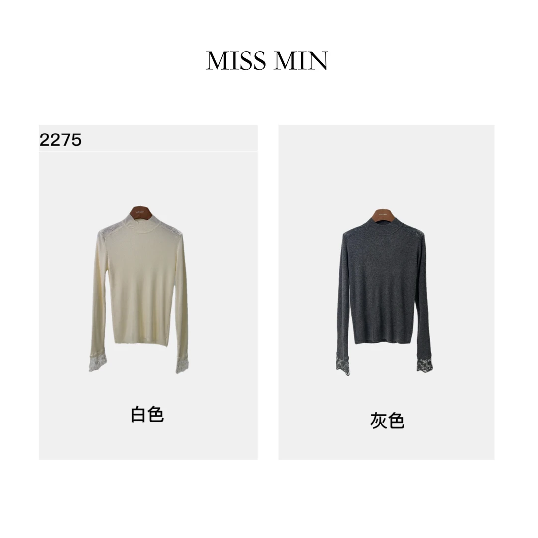 MISS MIN  2275 秋冬装女新款蕾丝拼接针织衫修身显瘦毛衣打底衫