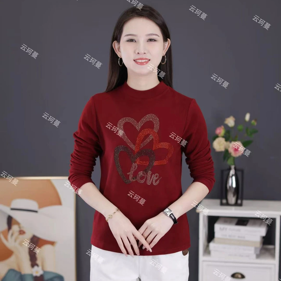 秋冬显瘦大码打底衫一体绒圆领半高领洋气时尚宽松妈妈装女t恤