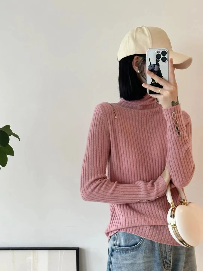 高领全毛纯色女士时尚堆堆领羊绒羊毛衫百搭款