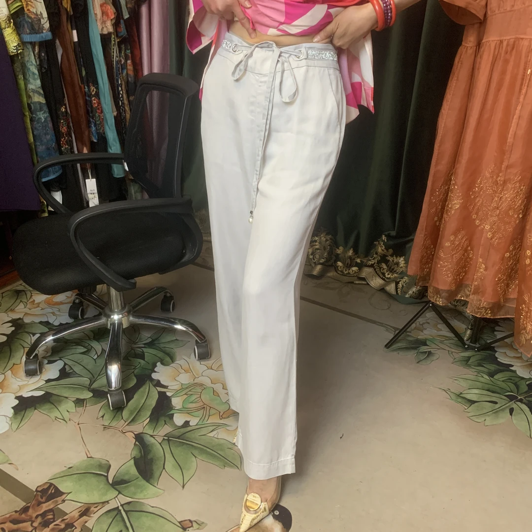 【朱帝家】青白色水感闪亮百搭阔腿裤