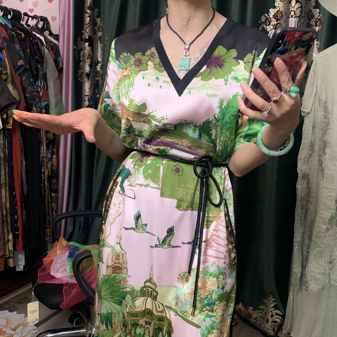 【森林之王】秘密花园系列v领系带真丝裙