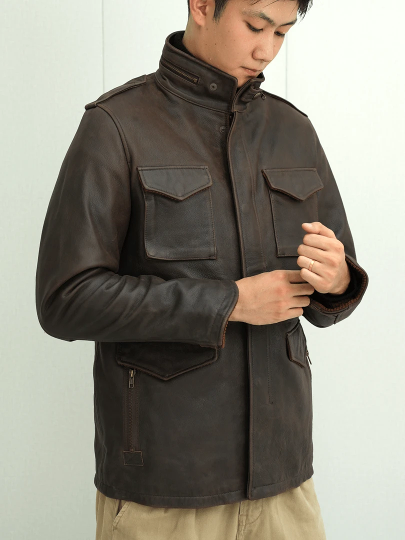 2083棕色磨砂意大利小牛皮M65中长款男士复古做旧风真皮皮衣立领