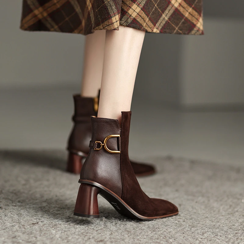 高端定制~5cm~牛皮中跟复古粗跟短靴方头英伦风小众裸靴春秋单靴