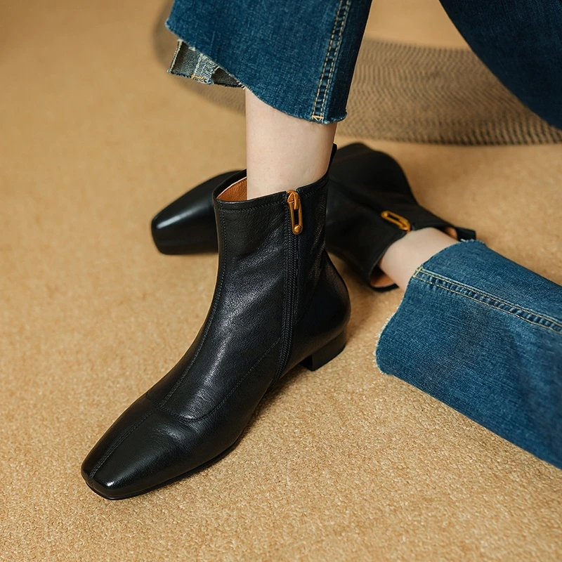 头层羊皮~2.5cm秋冬法式复古短筒粗跟靴子秋冬显瘦百搭平底女短靴