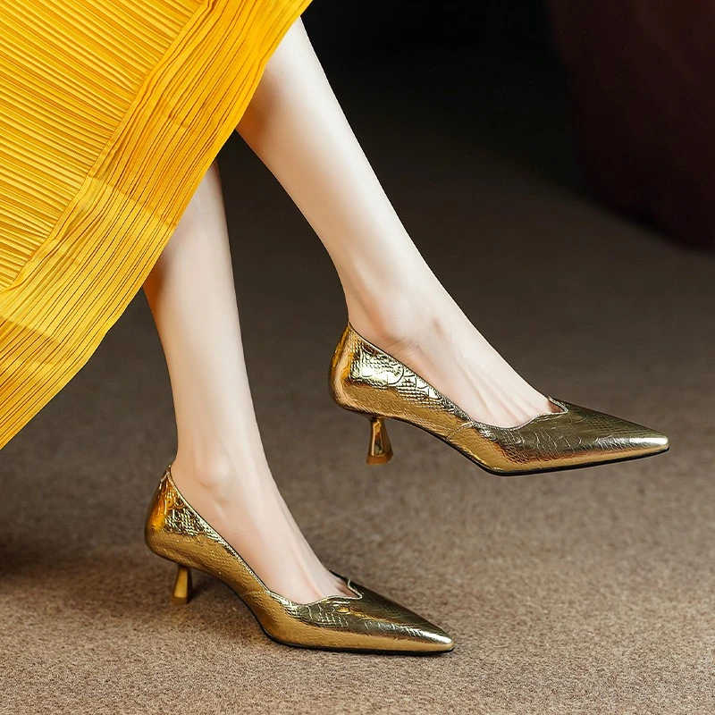 手工高定~5cm~欧美风宴会金色高跟鞋牛皮细跟百搭金属压纹小皮鞋