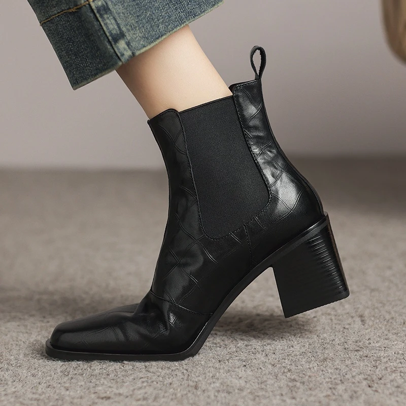 头层牛皮~6cm~41大码粗跟高跟复古短靴女2024秋冬小方头切尔西靴