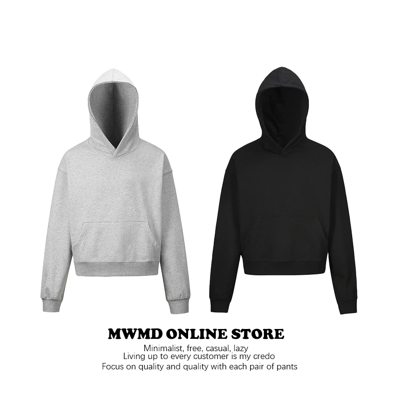 MWMD灰黑色cleanfit卫衣美式连帽vibe抓绒基础纯色短款帽衫男女款