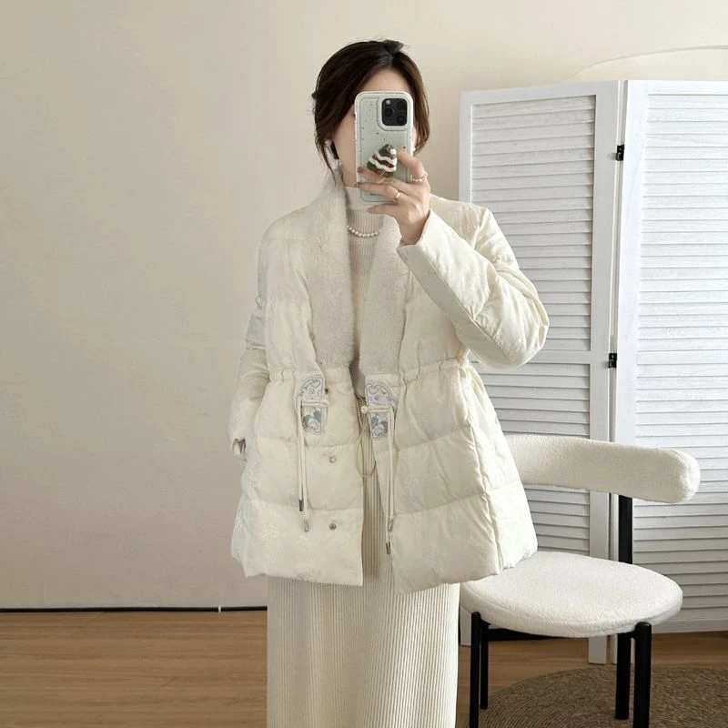 雅鹿大码雅鹿新款中式国风刺绣水貂皮拼接绒服2024冬季新款收气质
