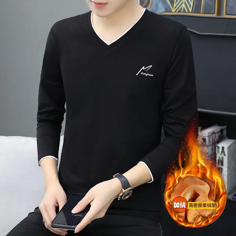 秋冬季男士v领打底衫加绒加厚t恤男装保暖衣内搭秋衣潮流外穿长袖