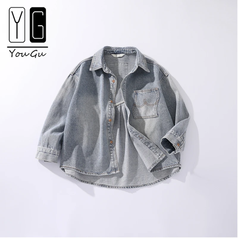 儿童复古港风加厚牛仔衬衫秋冬洋气款衬衫帅气中性款青少年