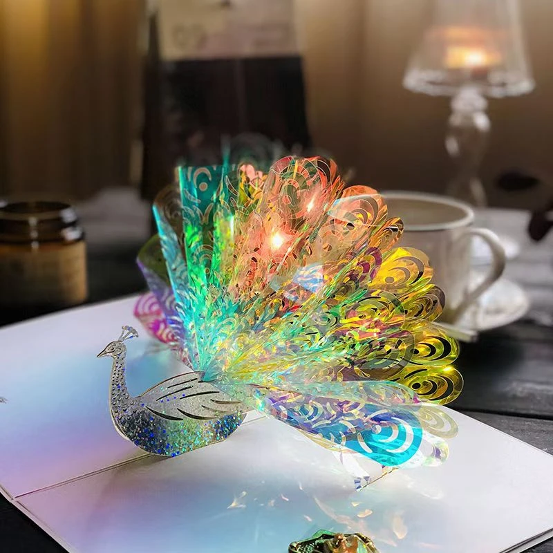 闪闪发光梦幻孔雀新款教师节贺卡 个性创意立体感恩生日祝福卡片