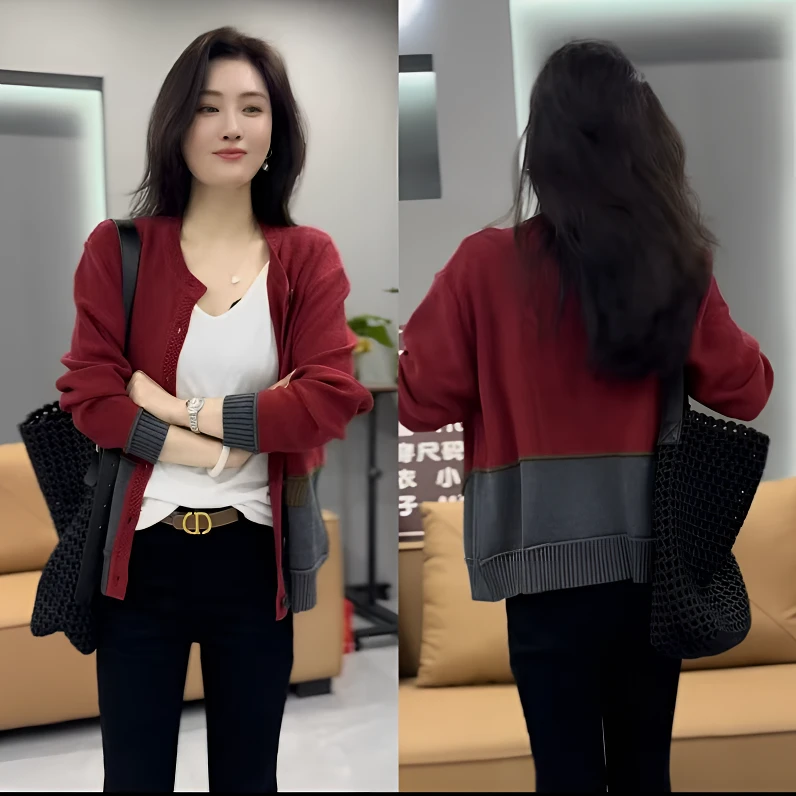 小香风红色毛衣外套女秋冬新款女装韩版宽松针织开衫打底上衣外搭