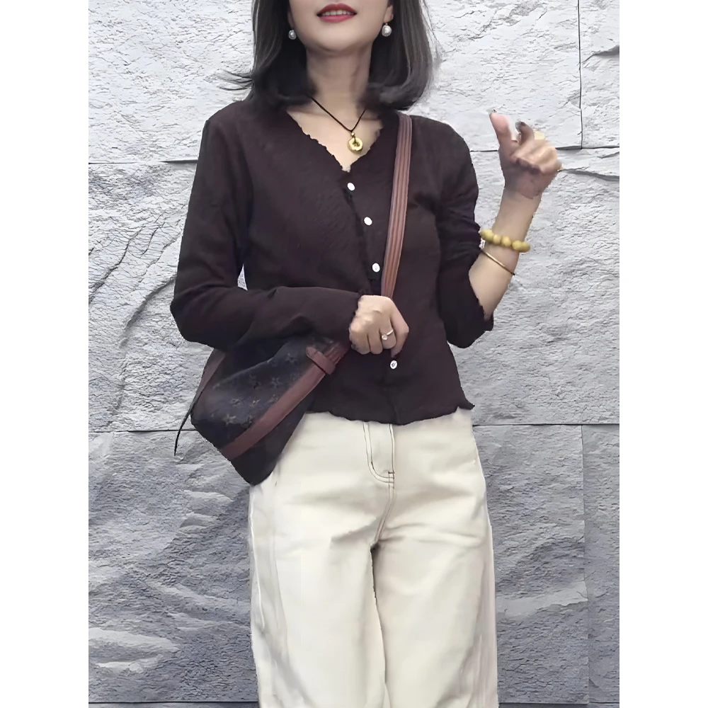 高端扣花边早秋领单排开衫显瘦长袖V修身上衣新款女长袖针织衫女