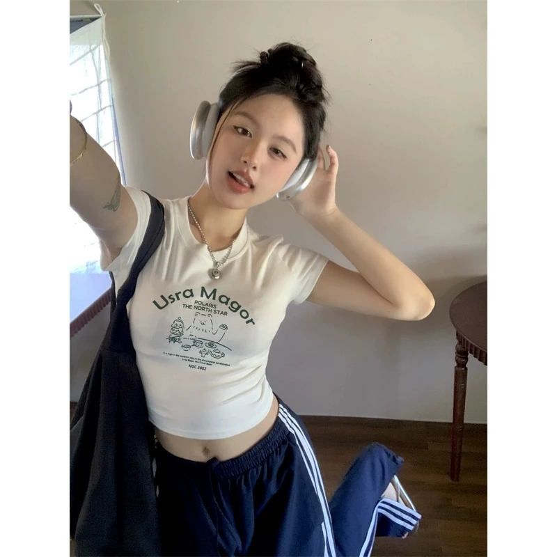 1*1螺纹奥代尔白色正肩短款露脐T恤法式修身显瘦短袖辣妹上衣