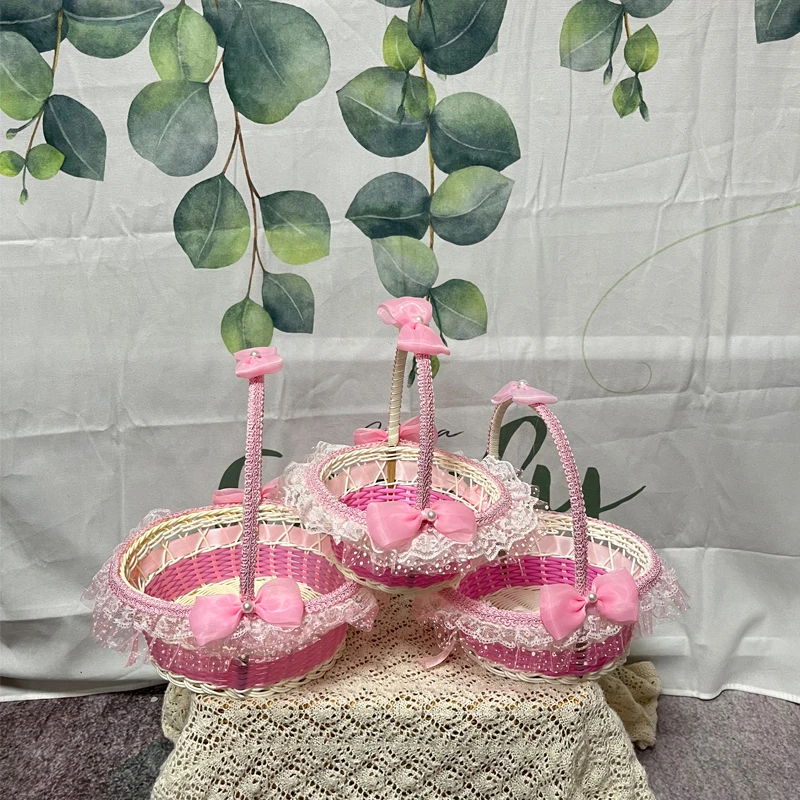花童花篮 婚礼手工编织花篮 婚庆新娘手提花边花篮 花童撒花瓣篮