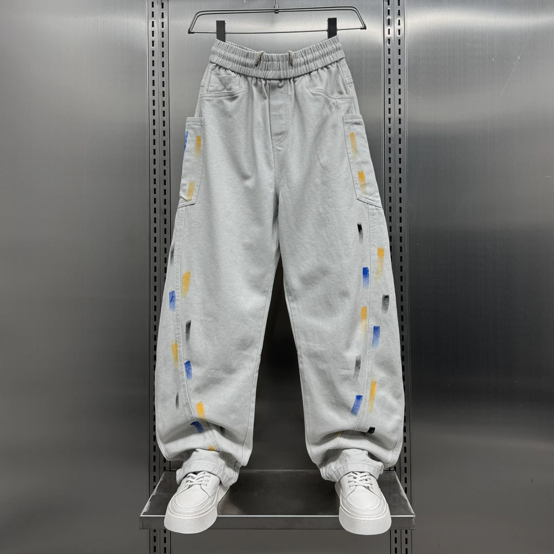2025秋季男士街头小众宽松阔腿裤子彩绘泼墨潮流美式弯刀型休闲裤