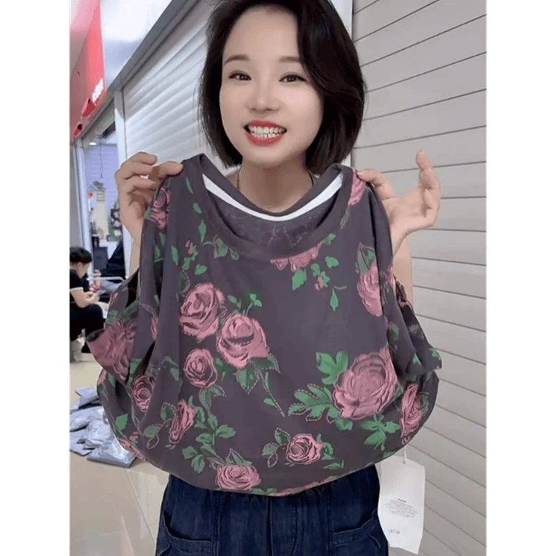 欧货百搭短袖T恤女2024年夏季款宽松显瘦玫瑰花圆领弹力半袖上衣