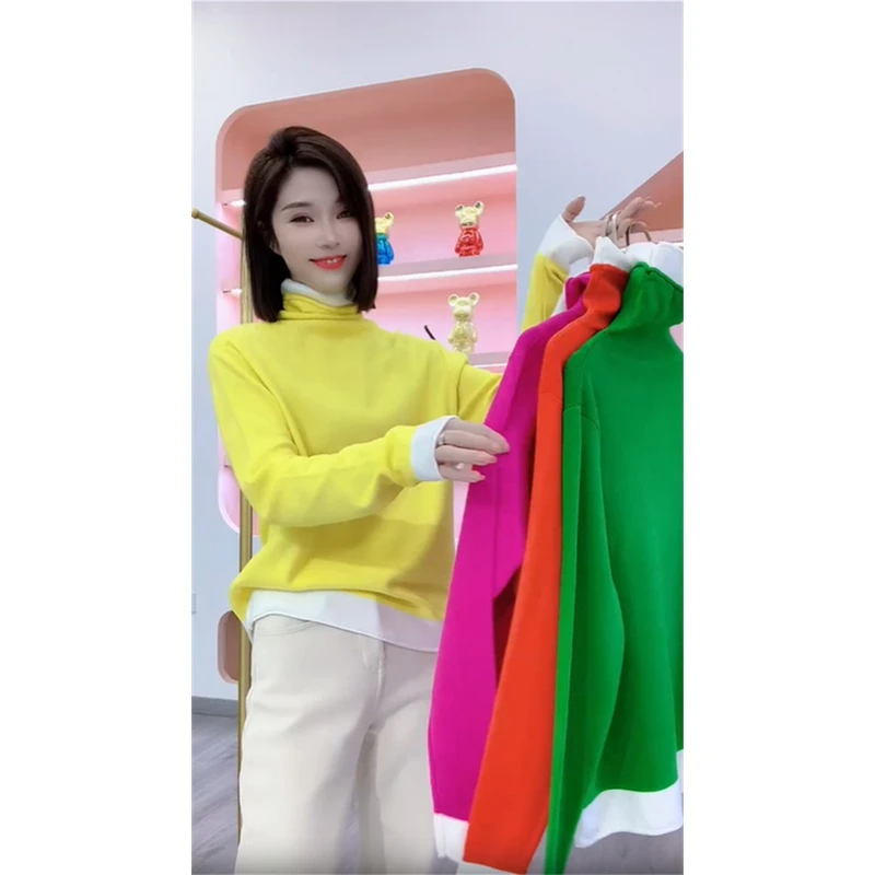 高领拼色毛衣女2023秋冬新款时尚高级感慵懒风百搭长袖针织打底衫