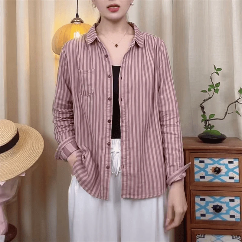 2024秋季新款双层棉纱长袖衬衫女条纹复古气质宽松简约休闲外套潮