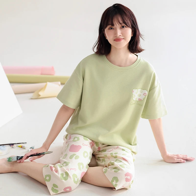 睡衣女士夏季纯棉短袖七分裤2024年新款春夏天薄款家居服套装