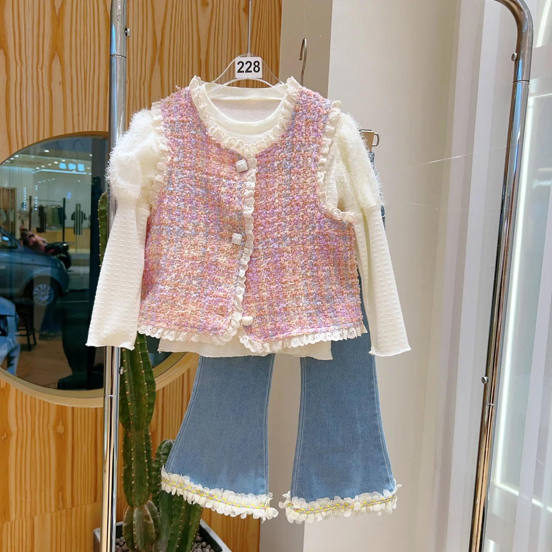 216-1女童新款小香风马甲打底衫两件套~套~装~