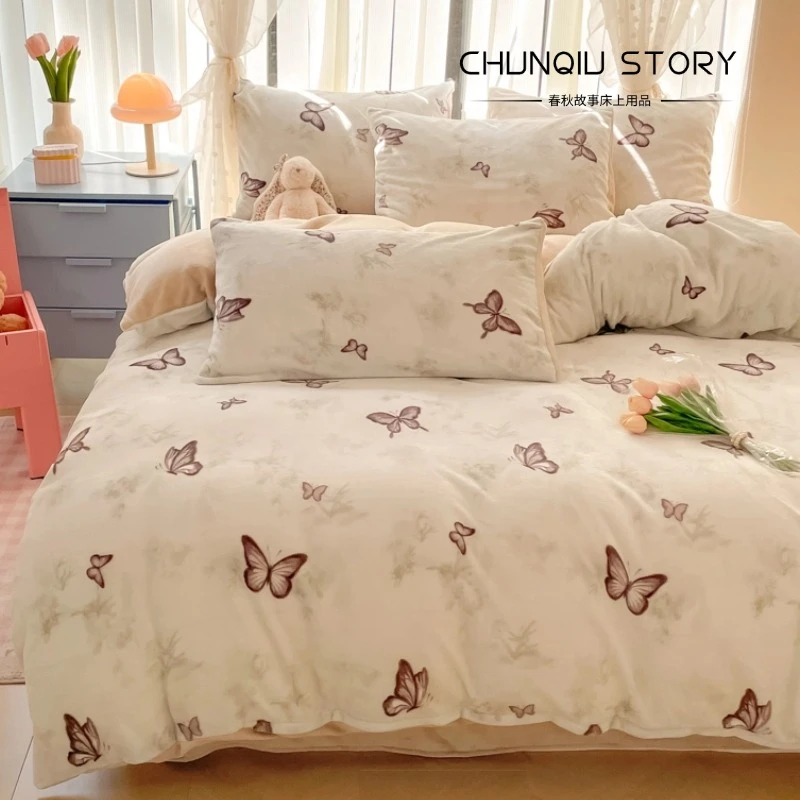 故事ins花卉床上少女卡通牛奶绒套件冬季新款加绒加厚四件套床品
