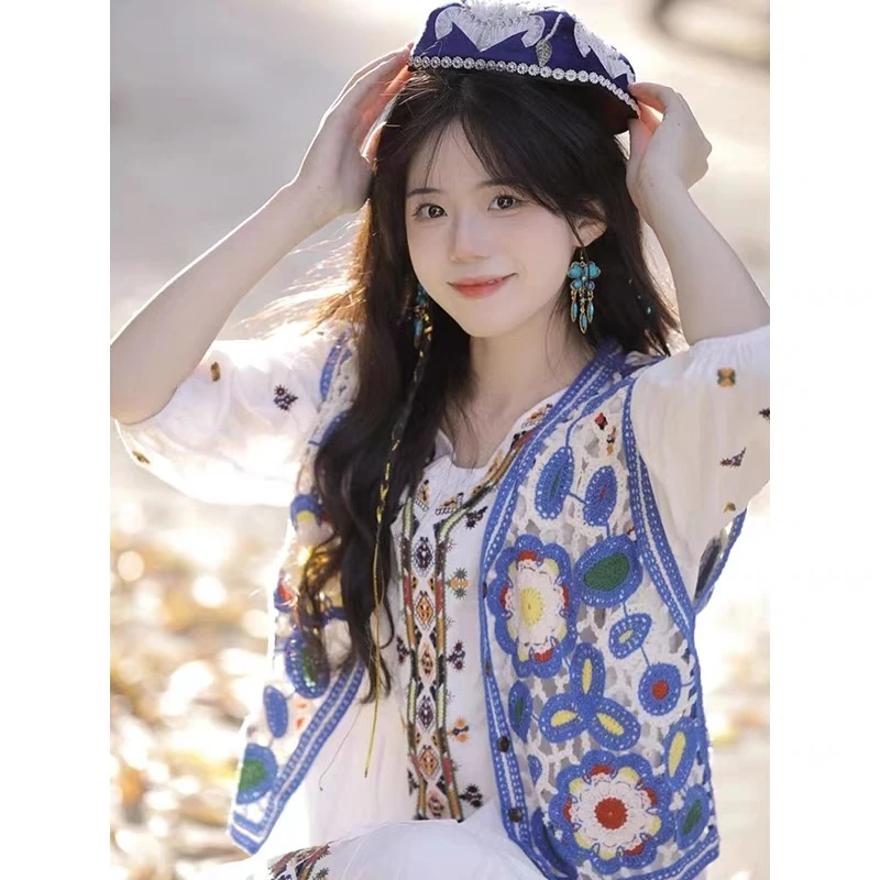 大码180斤「哈密瓜」鞠婧祎同款民族风蓝色针织开衫马甲女背心