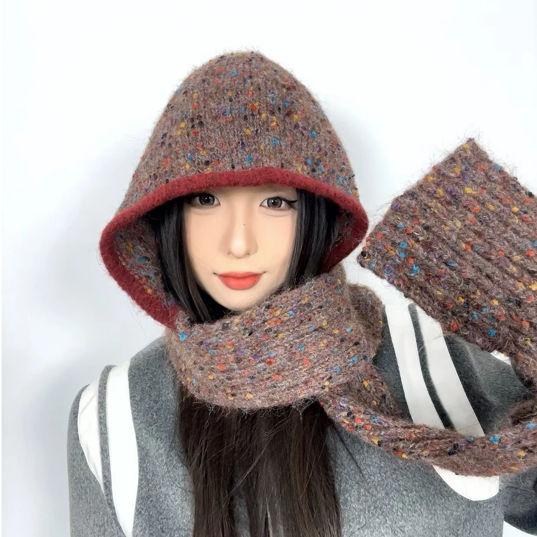 特有礼帽家混色毛线帽子围巾手套三件套秋冬季保暖防寒显脸小帽