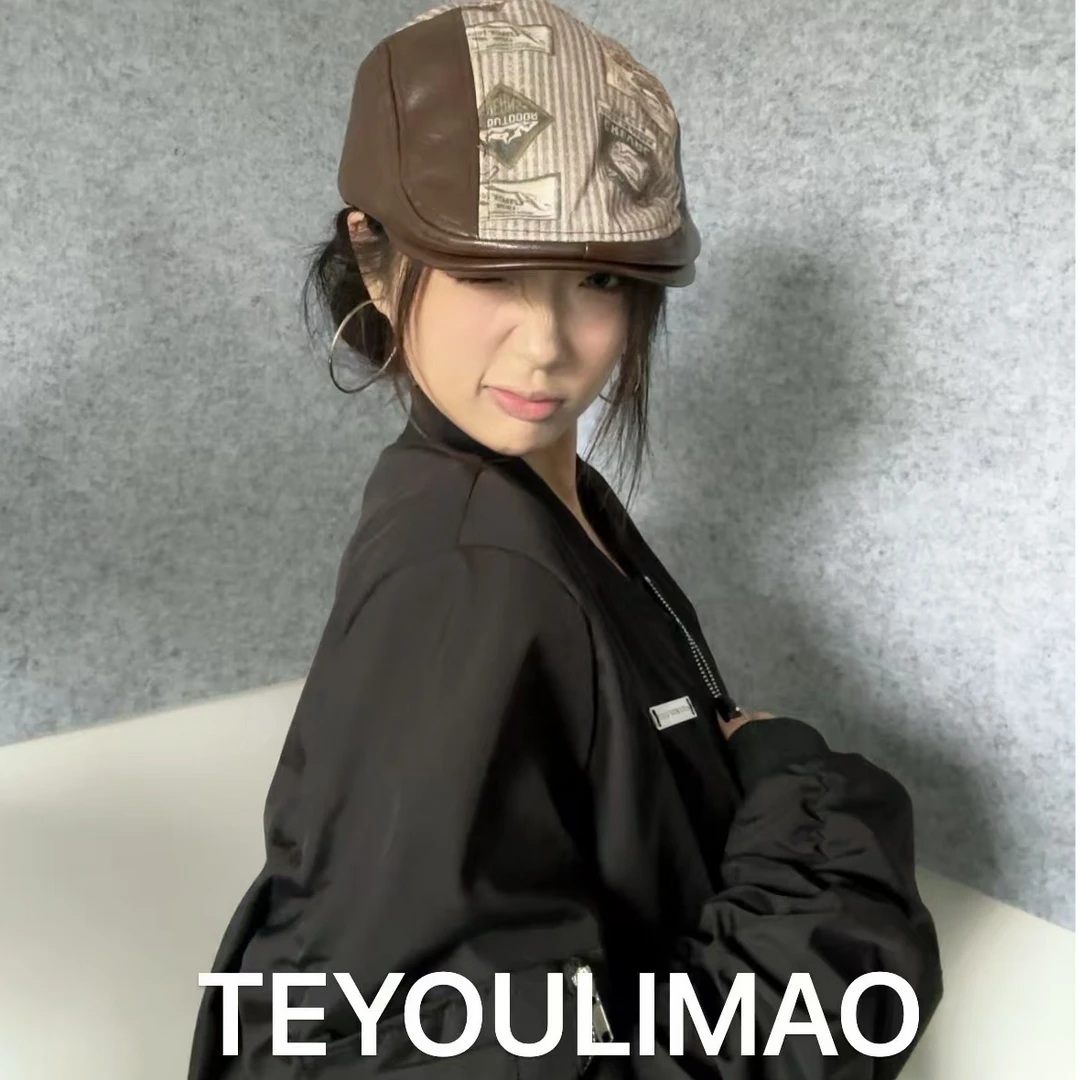 特有礼帽家复古印花皮质前进帽女百搭显脸小贝雷帽反戴大头围帽子