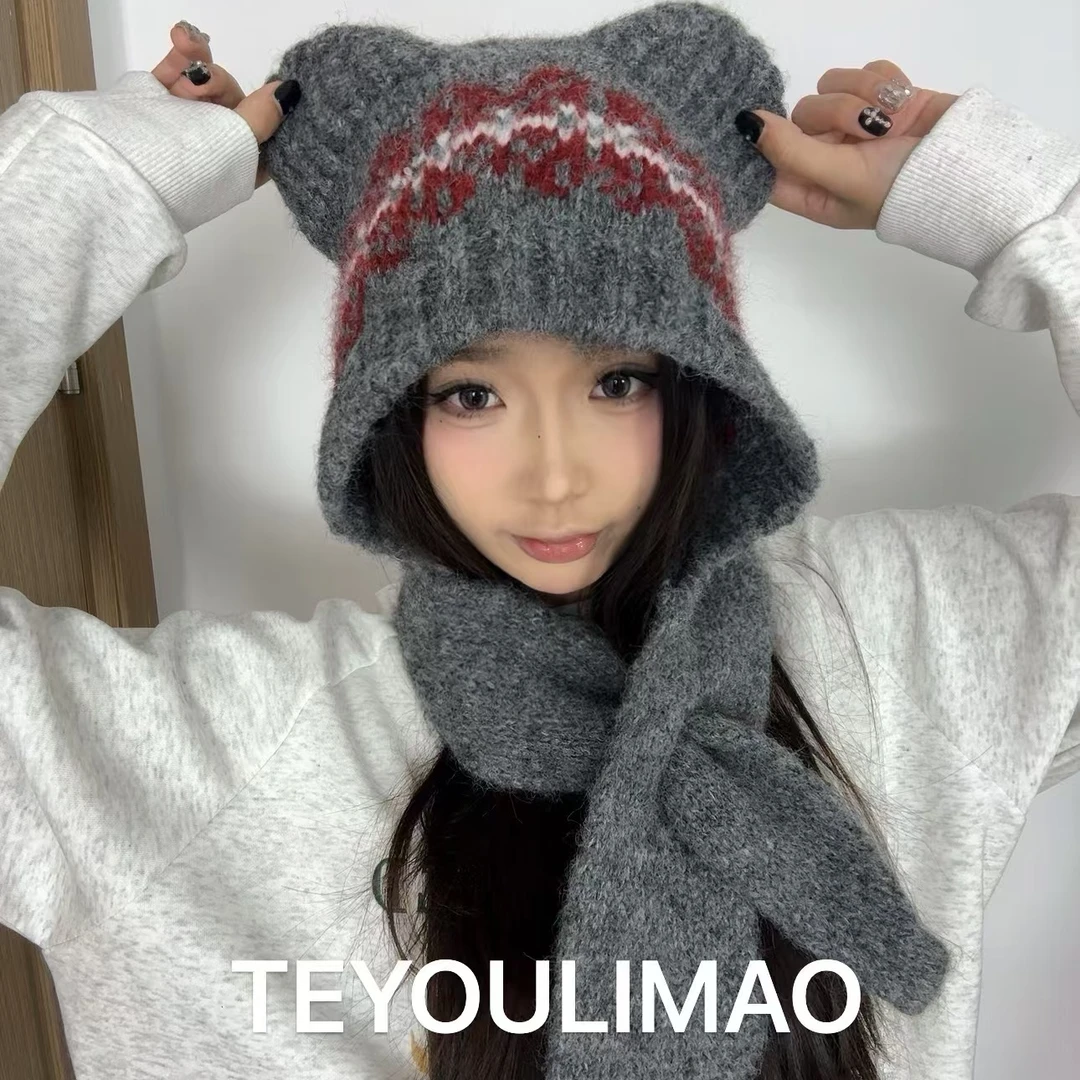 特有礼帽家冬季可爱小熊巴拉克拉法帽围巾帽子一体大头围显脸小