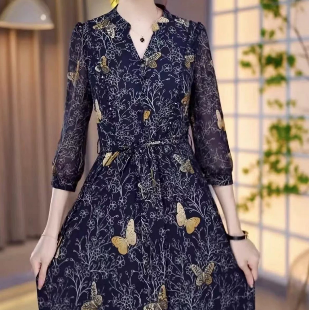 B565修身长裙中长款修身显瘦大码碎花气质洋气时尚夏季收腰连衣裙