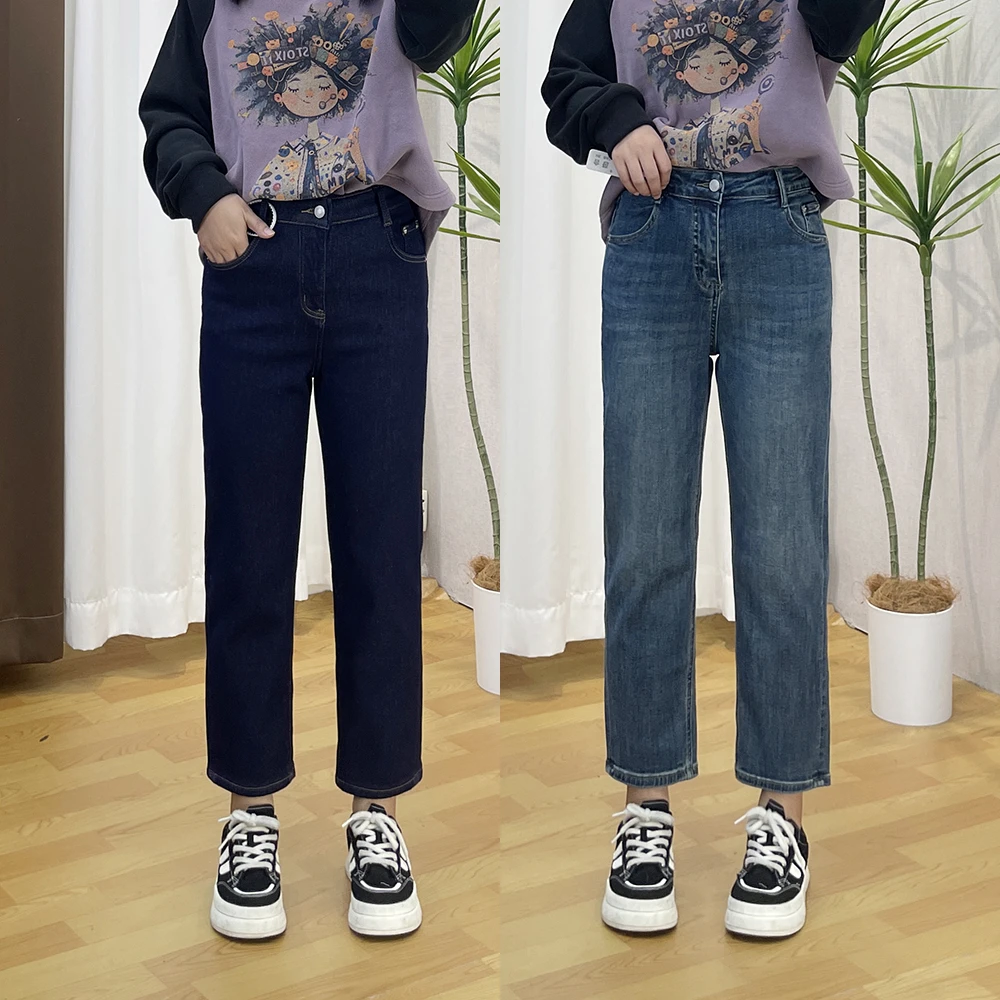 梨形身材弹力烟管牛仔裤女春秋小个子胖mm大码高腰宽松显瘦直筒裤