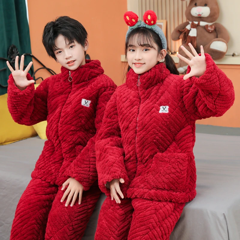 儿童睡衣冬季加绒加厚三层夹棉女大童法兰绒男童珊瑚绒冬款家居服