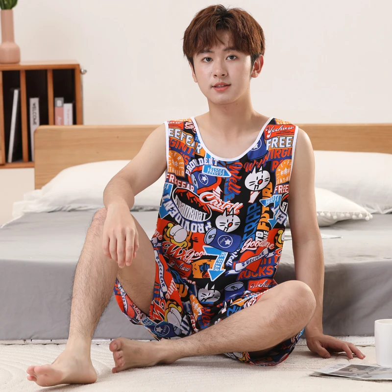 中学生睡衣男夏青少年棉绸无袖短裤套装大童绵绸夏季家居服高中生