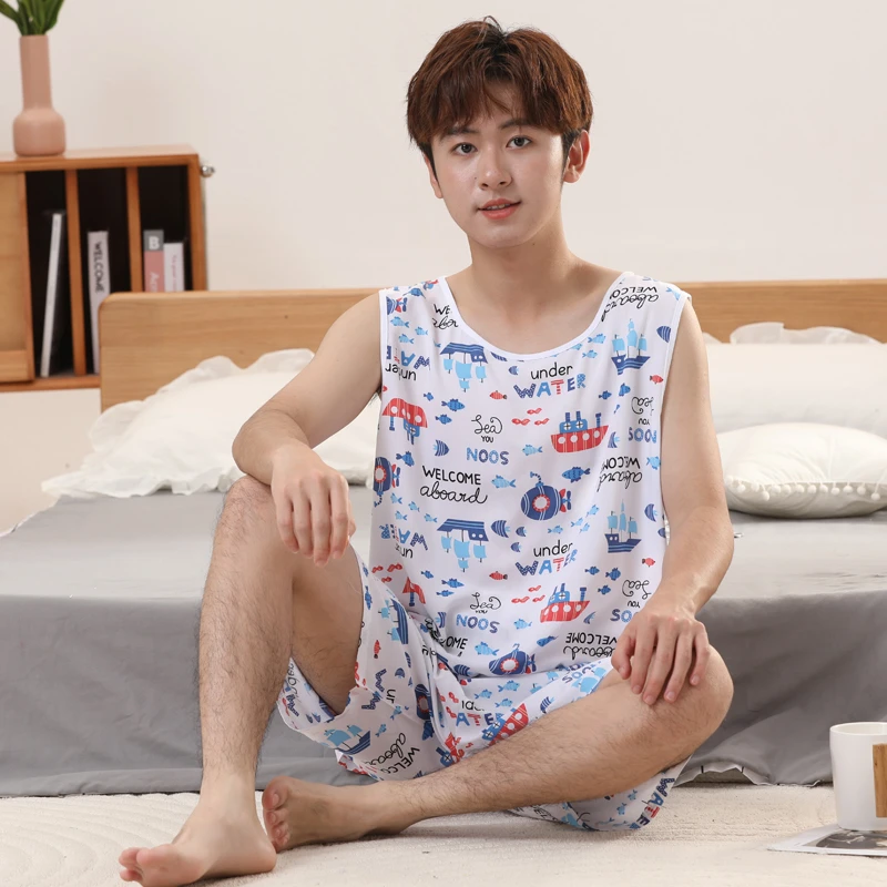 青少年棉绸背心套装中大童家居服睡衣男童薄款人造棉休闲男孩睡衣
