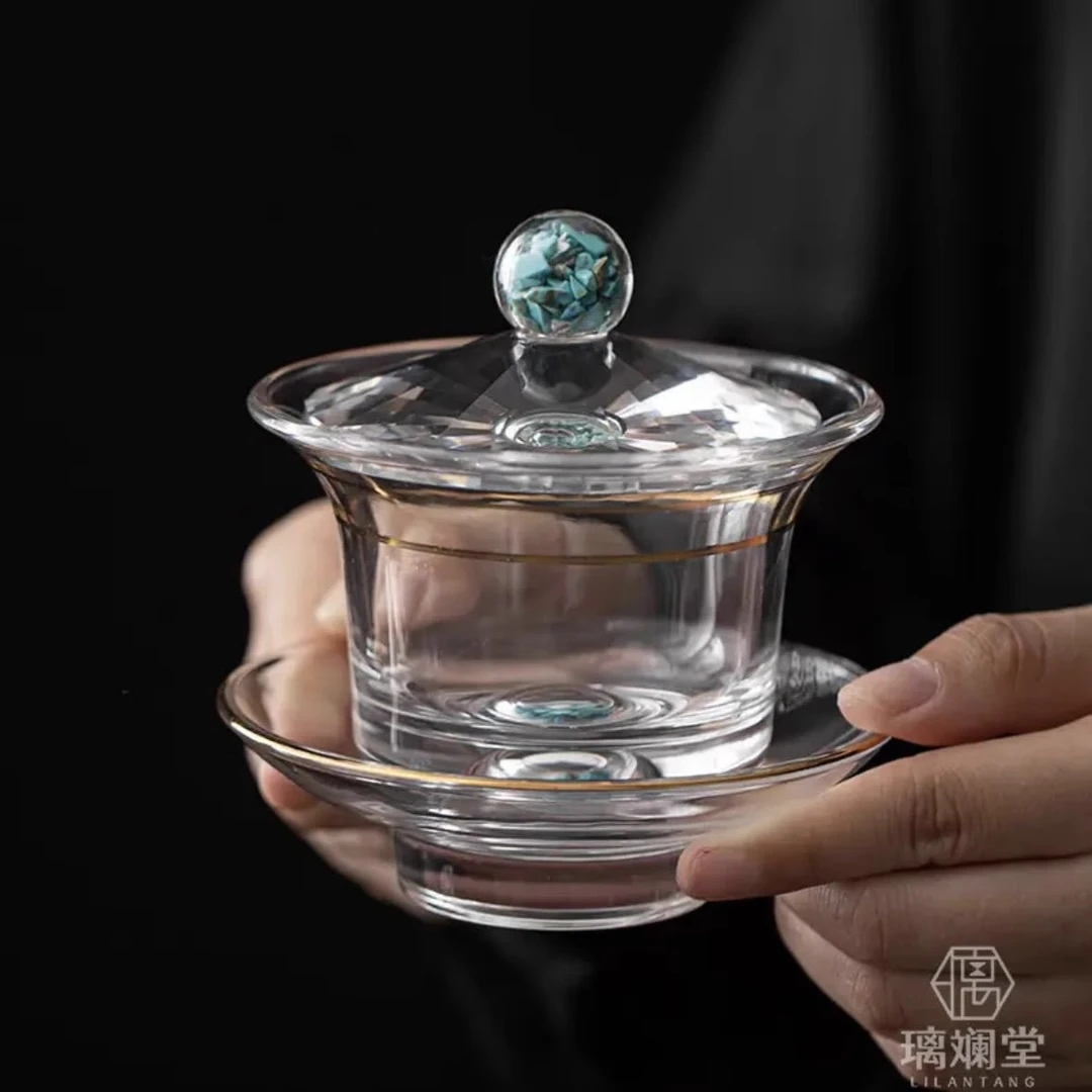 高档金箔盖碗玻璃企鹅绿松石藏金流金山高硼硅玻璃水晶茶漏盖碗