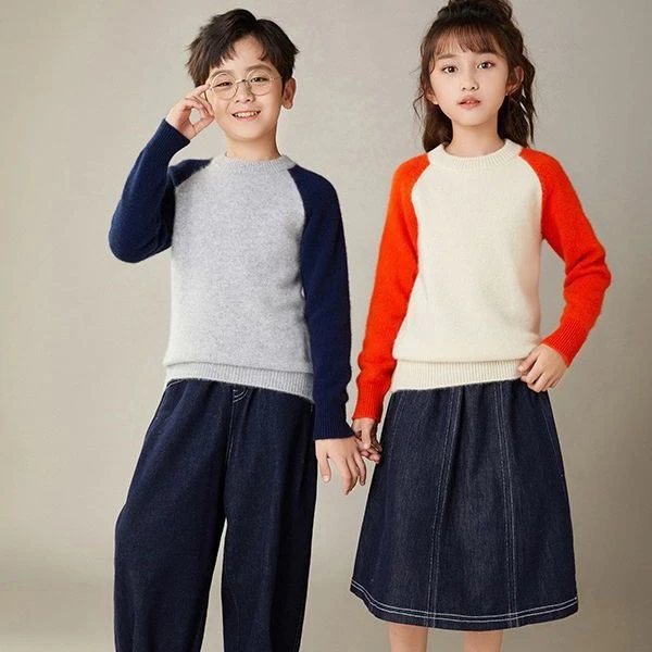 儿童羊毛衫圆领女童装秋冬加厚男童毛衣宝宝拼色羊绒针织打底
