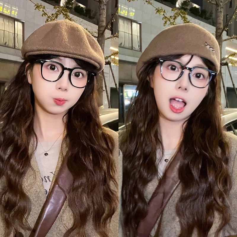 秋冬新款金属标贝雷帽子女大头围显脸小反戴毛呢前进帽日系画家帽