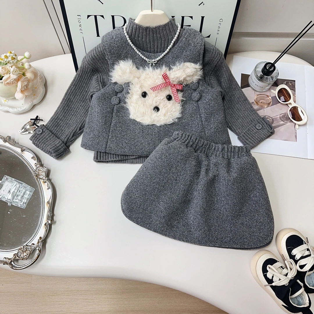 女童潦草小狗马甲套装冬季新款女宝加绒背心半身裙两件套 AWA736