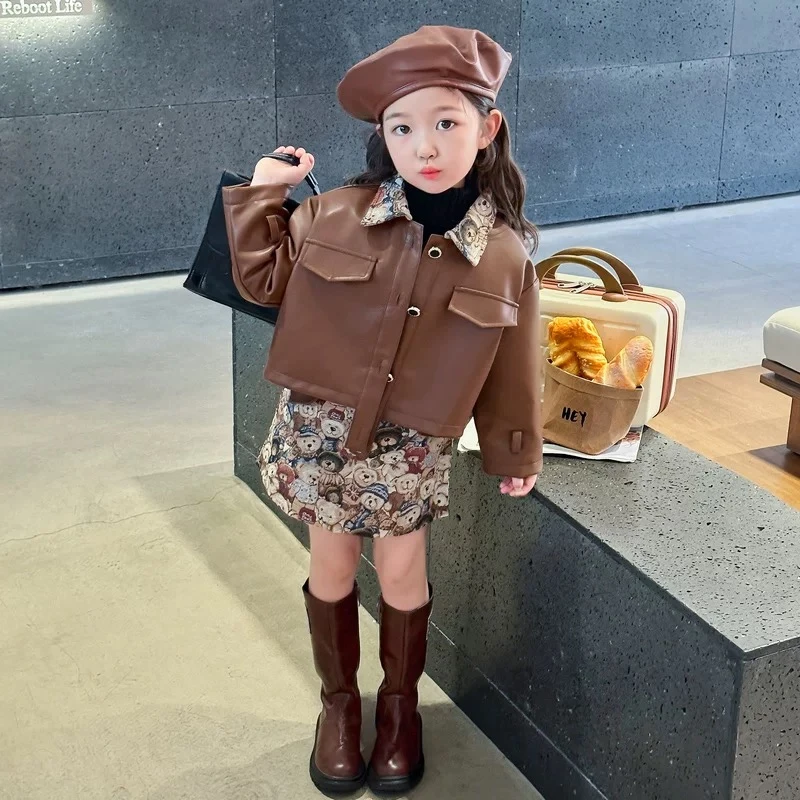 女童春秋季新款洋气女宝宝皮衣外套短款碎花连衣裙两件套AQA321