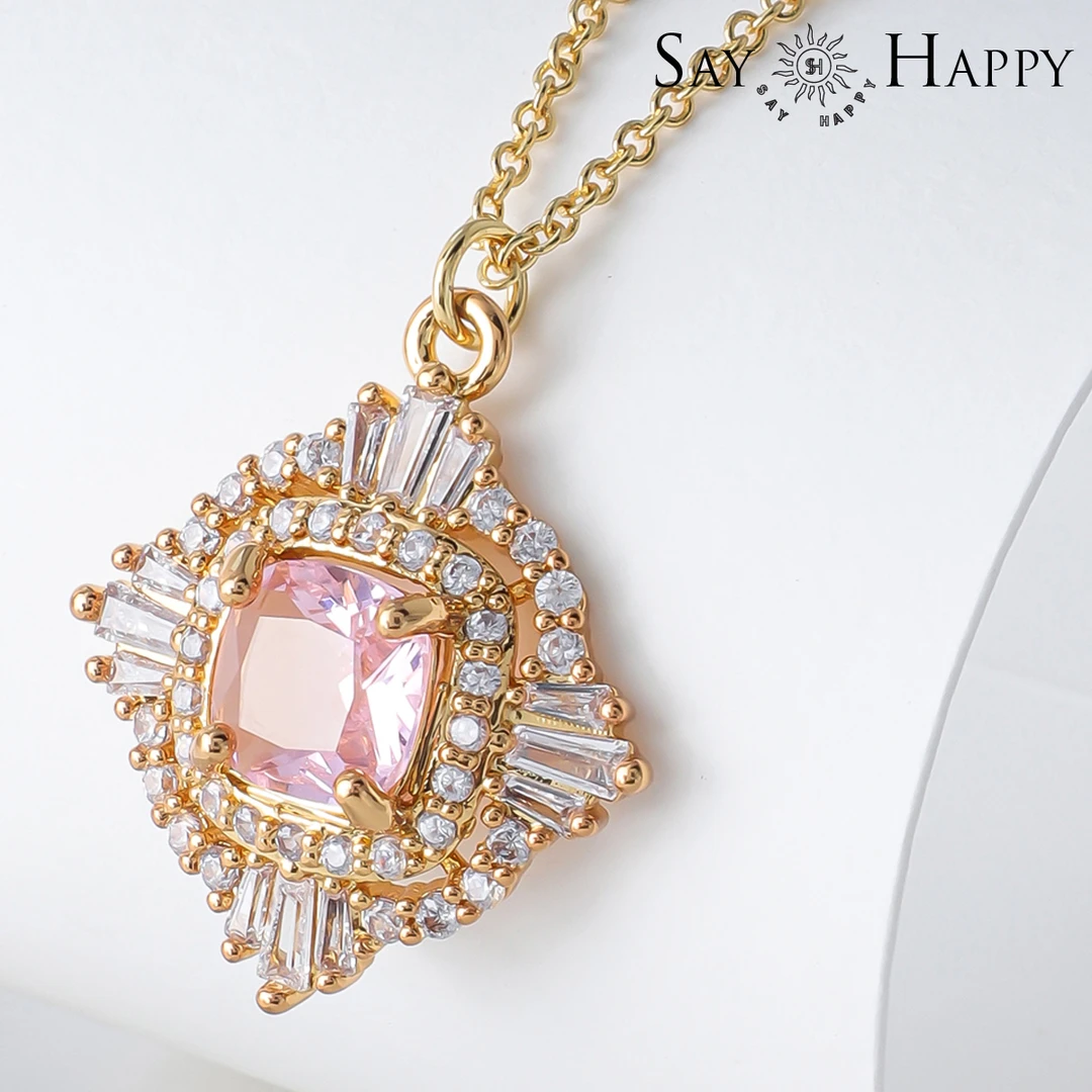 合金项链 韩国风粉色加透明锆石镶嵌时尚百搭项链