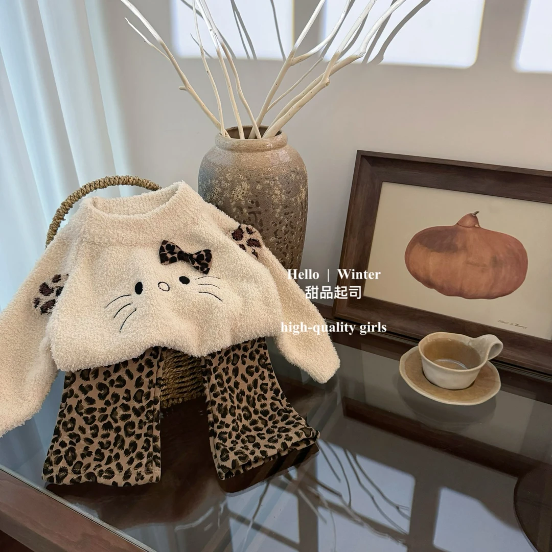 【甜品起司】韩系女童宝宝洋气公主软糯毛衣豹纹微喇裤洋气时髦套装