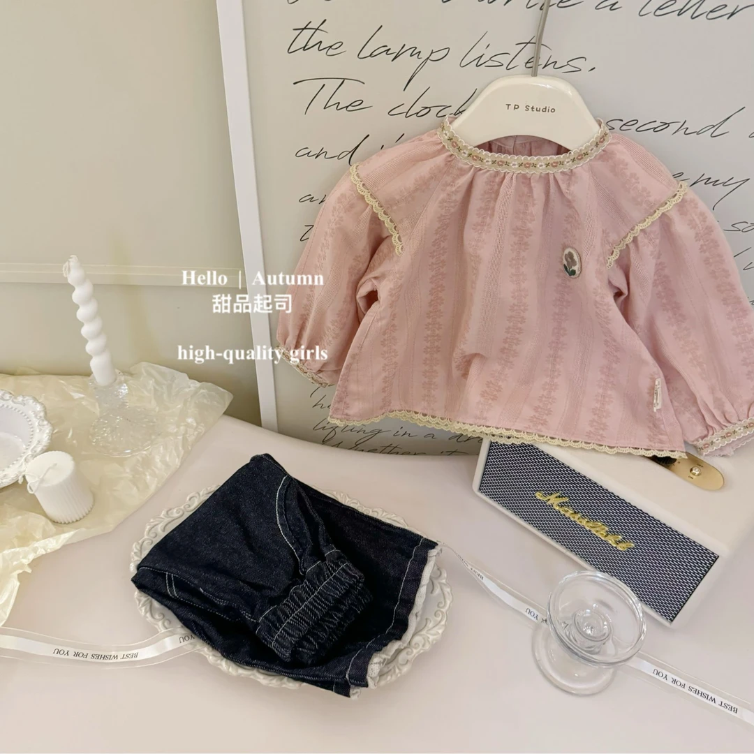 【甜品起司】韩国女童甜美泡泡袖公主衬衫上衣牛仔花边直筒裤2370