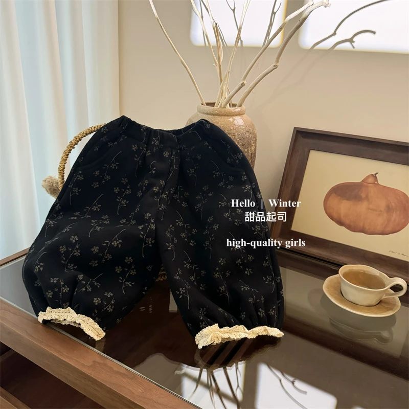 【甜品起司】女童森系碎花裤子加厚加绒秋冬新款宝宝宽松保暖潮