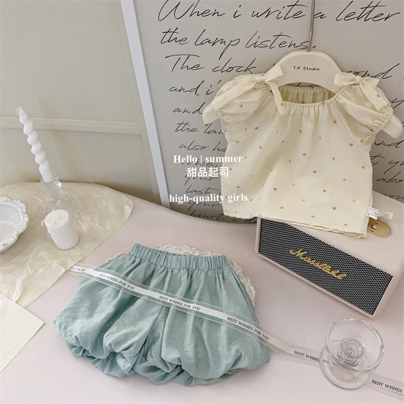 【甜品起司】薄荷奶绿！ 法式复古女宝宝彩色波点上衣花苞裤套装